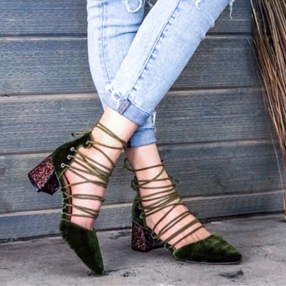 Mi.iM Green Velvet Heels with Glitter Block Heel